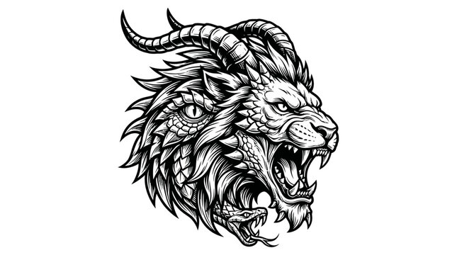 Detailed Illustration of a Mythical Creature Head with Horns and Fangs.