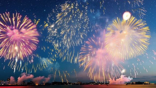 Spectacular fireworks display illuminating night sky with colorful explosions and starry background 4k video