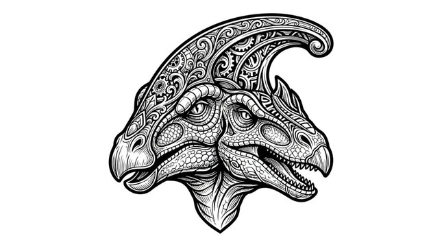 Detailed Line Art Illustration of a Parasaurolophus Dinosaur Head.