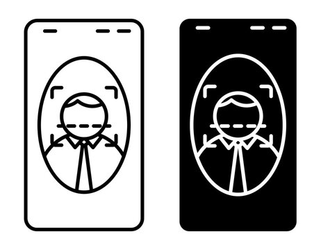 Linear icon. Face scanning in a mobile app for identification. Simple black and white vector symbol isolated on white background