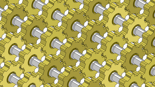 Industrial mechanical horizontal background of shafts and gears connected into a single torque transmission system in a row. 3D vector background top view at an angle