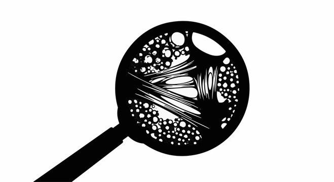 Magnifying glass reveals microscopic world with bubbles and fibers