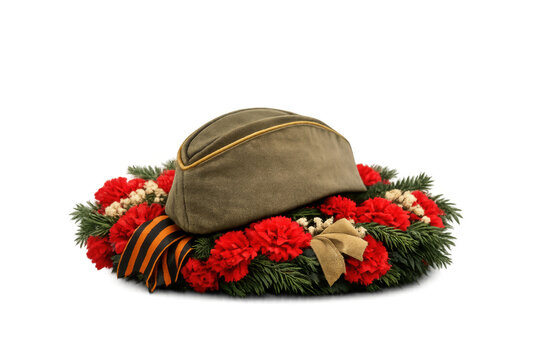 
Soviet military garrison cap on a memorial wreath with red carnations, evergreen branches and St George ribbon PNG, isolated on transparent background for Victory Day and remembrance designs