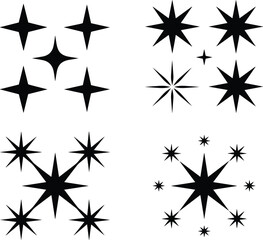 Obraz premium Starburst and sparkle silhouette icons set featuring various shining star shapes isolated black vector illustration collection