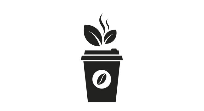 Black coffee cup with leaf logo.