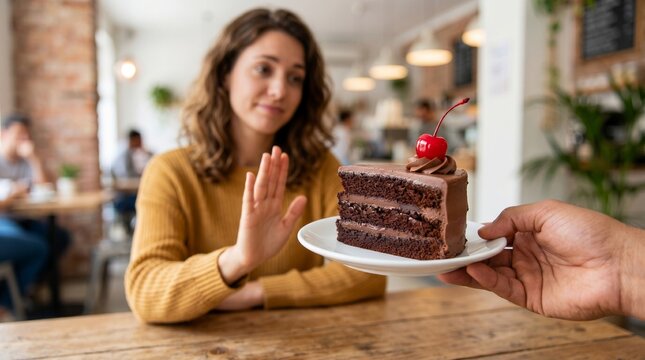 Woman refusing a delicious slice of chocolate cake with cherry on top, displaying a gesture of saying no to unhealthy food