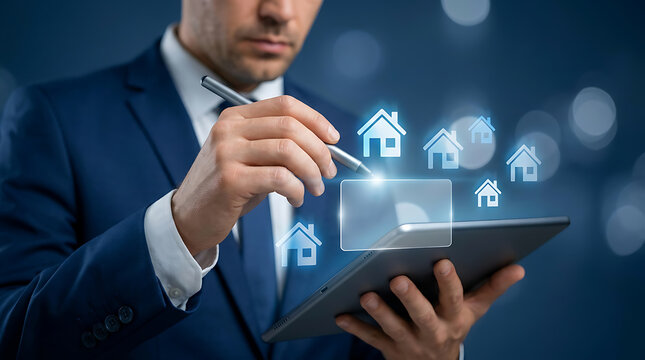 Real estate agent using a digital tablet to manage property listings with virtual house icons