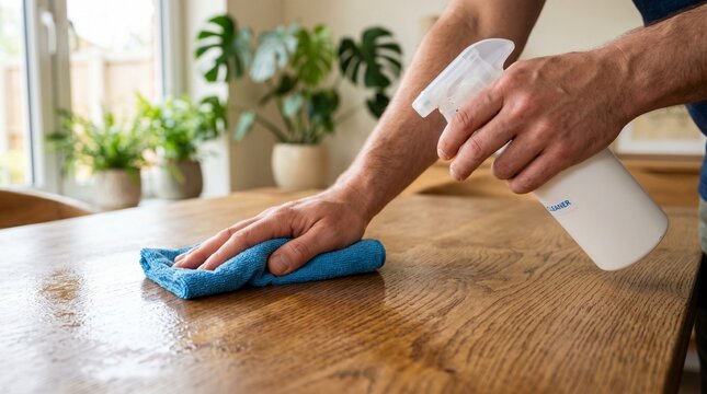 Man's hands diligently cleaning a wooden table surface with a spray bottle and blue microfiber cloth, ensuring a spotless and hygienic living space in a home environment