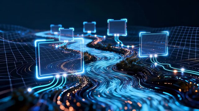 Digital network grid with floating holographic screens and blue connecting lines in virtual space