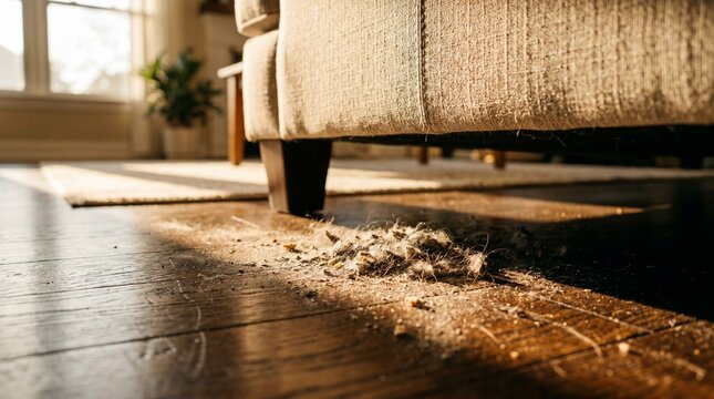 Unwanted household dust, dirt, and pet hair gathered on a polished wooden floor under a couch, emphasized by a beam of sunlight