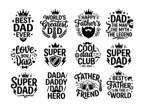 Creative Fathers Day Badges and Logos with Crown Designs and Beard Illustrations