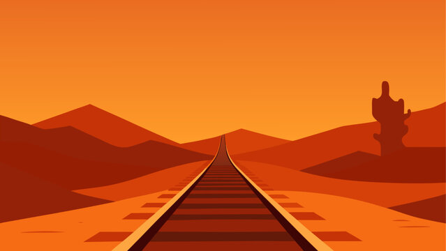 Orange train tracks in desert landscape