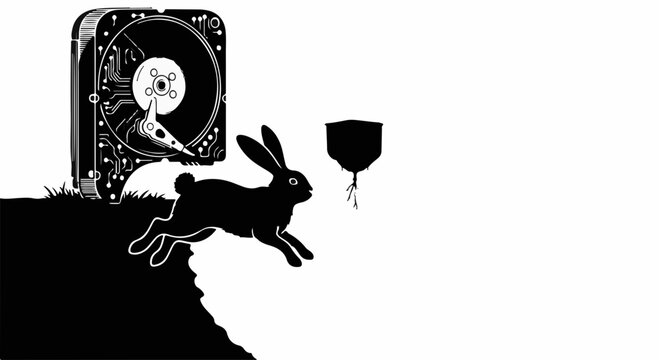 Rabbit leaps into the unknown from a cliff, with a hard drive and a balloon.