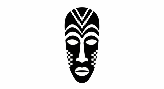 Striking black and white tribal mask with geometric patterns and bold features