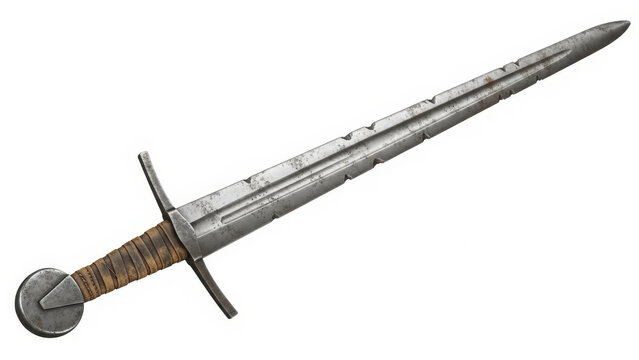 Medieval battle worn longsword with rugged blade and leather wrapped handle