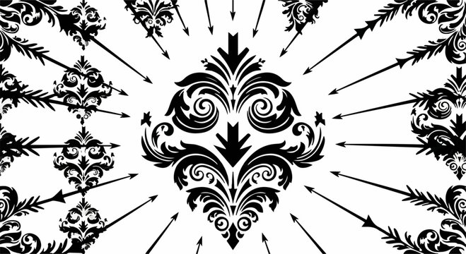 Intricate black damask pattern with radiating arrows against a white background, suggesting a target or focus.