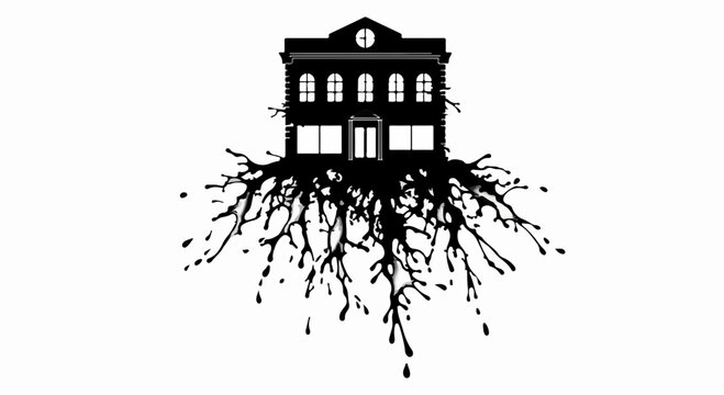 Building with deep roots in a white background symbolizing foundation and growth