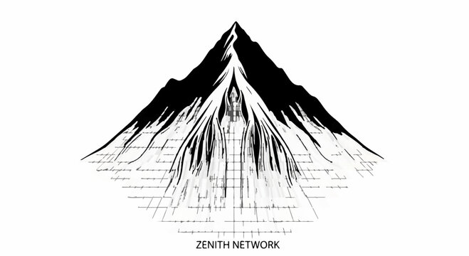 Majestic mountain peak with abstract digital data streams flowing downwards