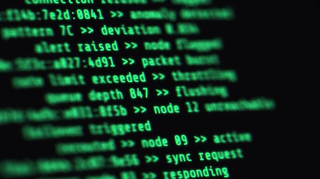 Green monospace code scrolling on dark screen, simulating network monitoring, encryption, and intrusion detection. CRT scanline overlay, cinematic angle.