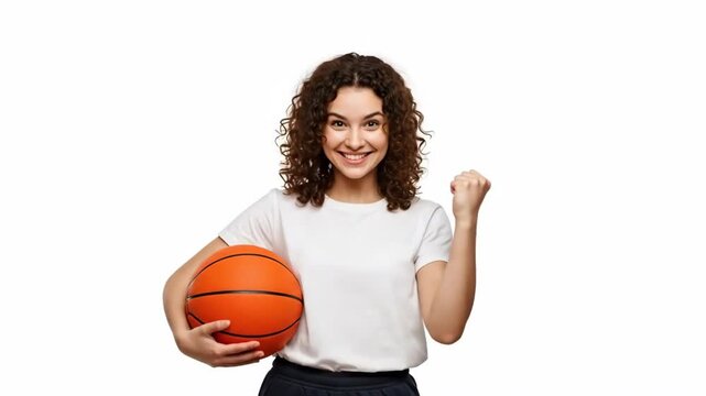 Jubilant woman celebrating with basketball