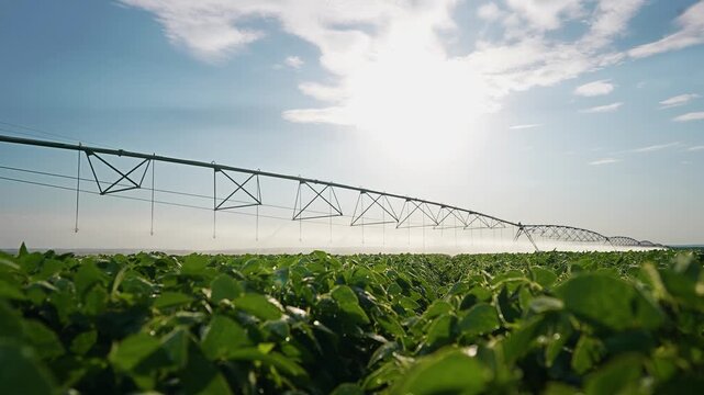 The irrigation system spans the field, providing water to the lush crops under the sun. Beneath the sun, the irrigation system ensures crops receive consistent water in the expansi