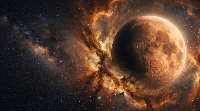 A large planet in space with a swirling orange nebula