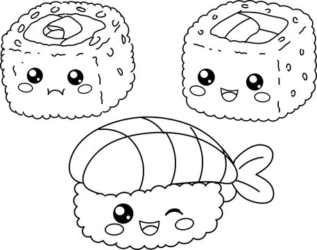 Sushi Characters Cute Mochi and Nigiri Sushi with Faces