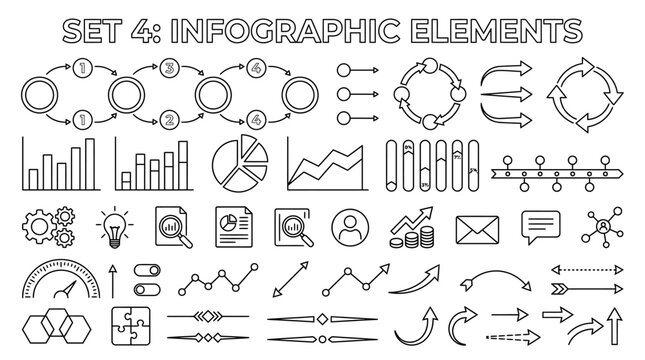A comprehensive set of outline infographic elements, including charts, graphs, arrows, timelines, and various business and data visualization icons for presentations.