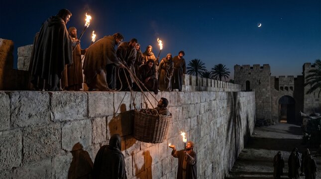 Biblical scene from the Book of Acts depicting Apostle Paul escaping from Damascus as he is lowered in a basket over a stone city wall at night.