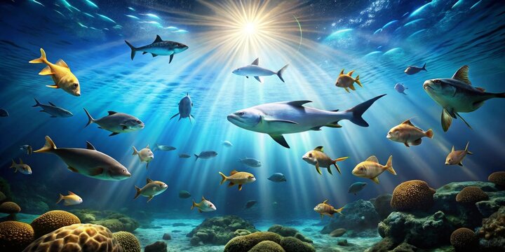 A vibrant underwater scene teeming with diverse aquatic life swimming gracefully beneath sunlit ocean surface waters