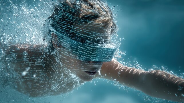 A person swims underwater wearing goggles with digital data displayed on them, a surreal fusion of human activity and technology. ..Created with Generative AI, not depicting real subjects.