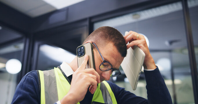 Issue, ppe or contractor in office with phone call, delivery delay or material shortage in supplier chat. Frustration, man or engineer with tablet, client complaint or vendor error in workplace.