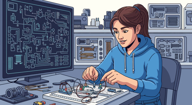 Engineer Building Electronic Circuit on Breadboard with Circuit Diagram