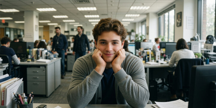 A hopeful adolescent man in office attire lingers in the background with chin in hands.