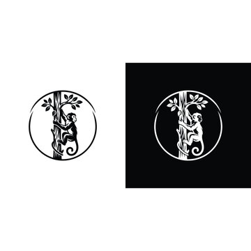 Monkey Logo Vector &ndash; Monkey Hanging on Tree Branch Emblem, Wildlife Animal Icon Design