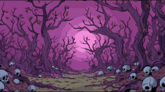 A dark fantasy world unfolds as weary travelers navigate through a cursed forest filled with bones and sinister trees under a haunting sky