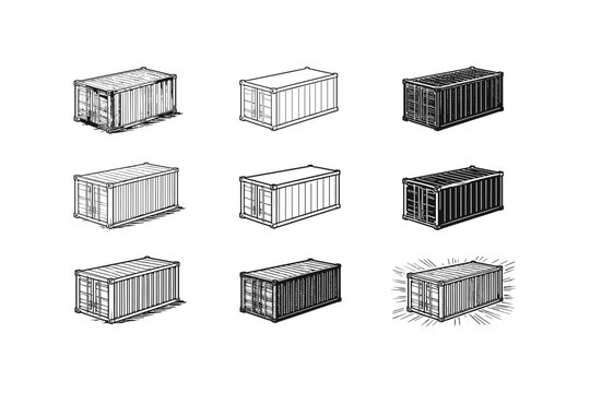 Collection of shipping container illustrations in various styles and perspectives