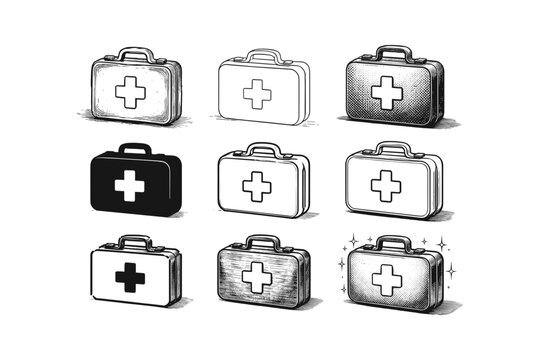 Collection of diverse first aid kit illustrations with medical cross symbols