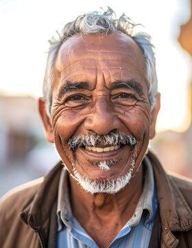 Senior man smiling with white hair and beard outdoors.