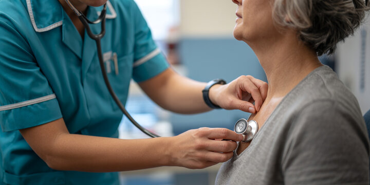 Nurse, doctor, medical professional using stethoscope on patient, healthcare