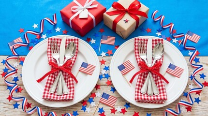 Obraz premium Festive fourth of july table setting with gifts and patriotic decorations