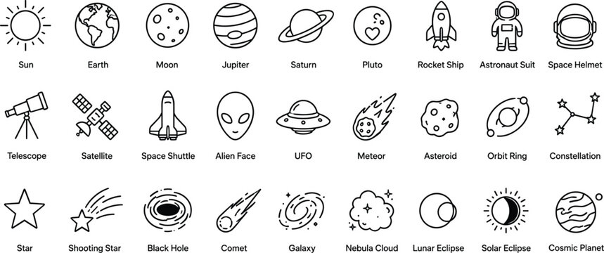 Astronomy and Space Themed Icons Set earth moon