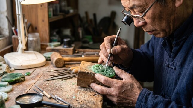 Artisan Crafting Jade Sculpture in Traditional Workshop.