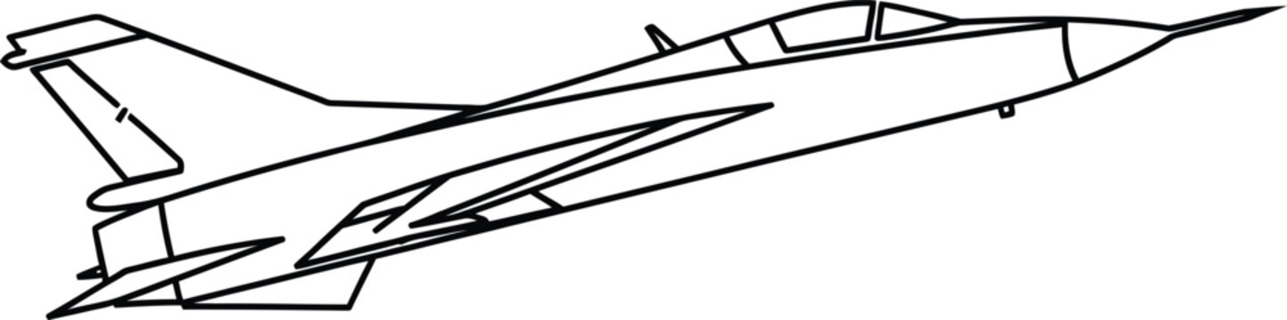 Black line of a fighter jet, side view, airplane aircraft military line black and white