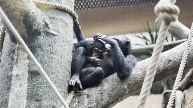 Chimpanzee parent grooming infant on log