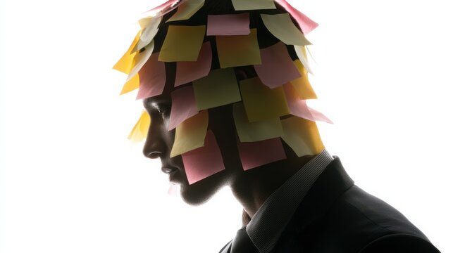 A person wearing many sticky notes on their head, symbolizing a busy mind and a lot of tasks. The notes are in various colors and stuck all over their hair and face