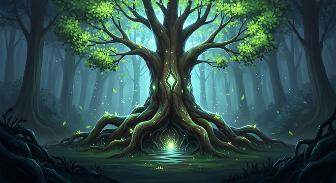 Mystical ancient tree with glowing roots in enchanted forest fantasy landscape with magical ambiance and mysterious atmosphere serene nature scene.