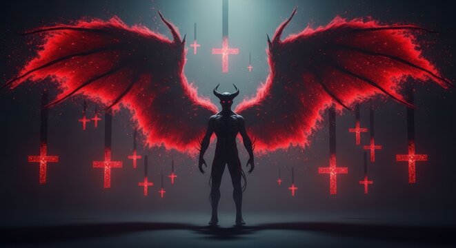 Demonic Angel with Fiery Wings and Horns in a Dark Setting.