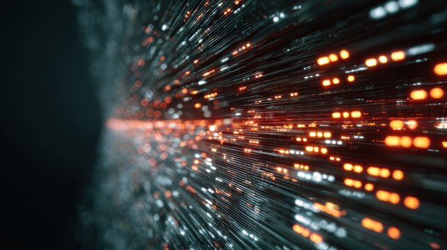 A dynamic visualization of fiber optic cables, representing the vast and interconnected flow of digital data through glowing light trails. ..Created with Generative AI, not depicting real subjects.