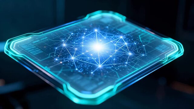 Futuristic holographic display with network nodes and glowing blue interface